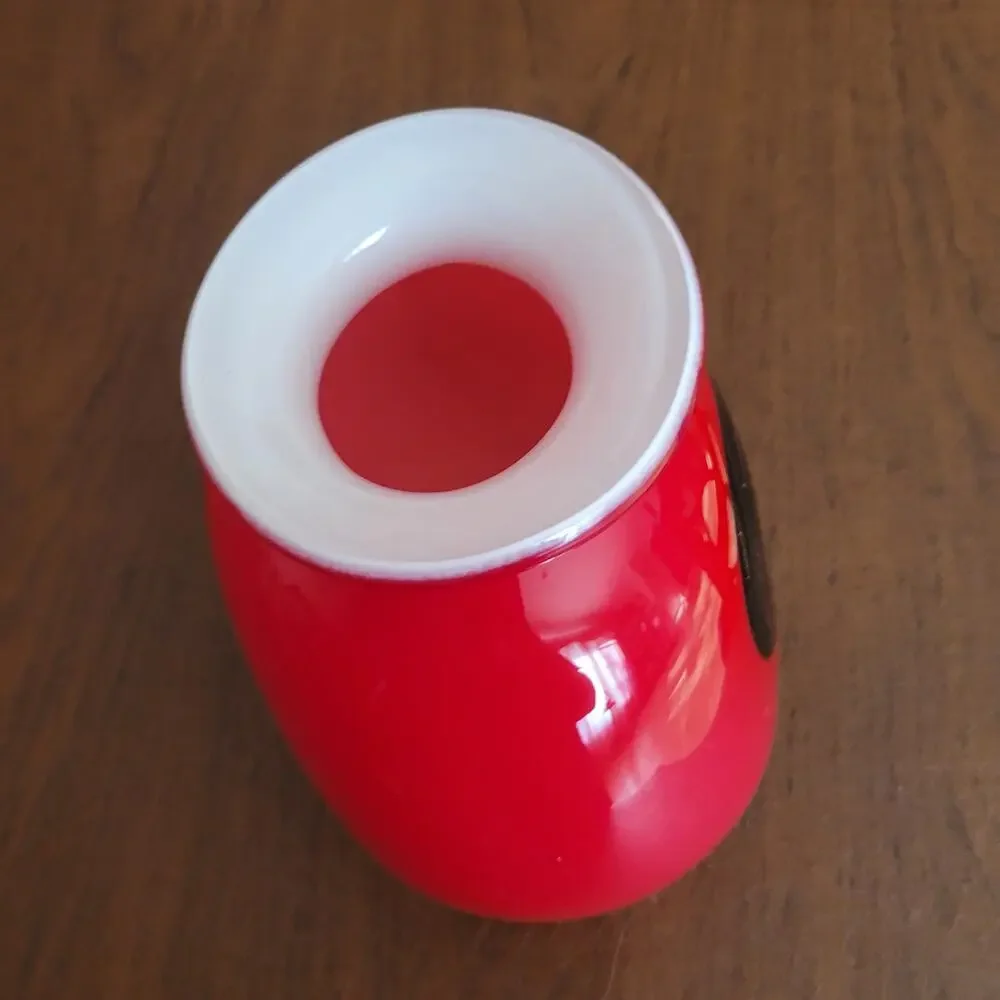 Vintage Tango Glass Vase Red White Cased Art Glass Black Swirl Hand Blown 9